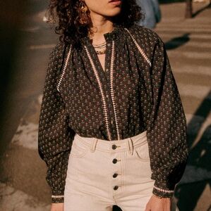 Sezane Beatriz Organic Cotton Long-Sleeved Floral Blouse